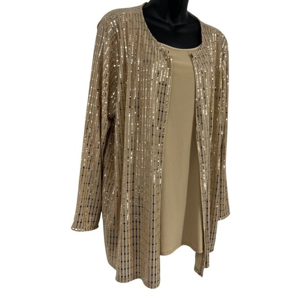 Anne Klein Plus Size Womens 2-fer Top Blouse Gold Sequin Scoop Long Sleeve New - Picture 3 of 10